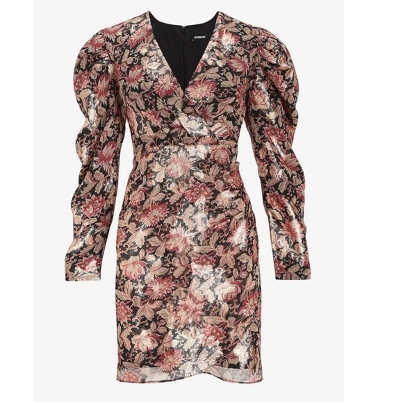 NWT Express Metallic Puff Sleeve Floral Deep V Dress Size Small - Picture 4 of 10